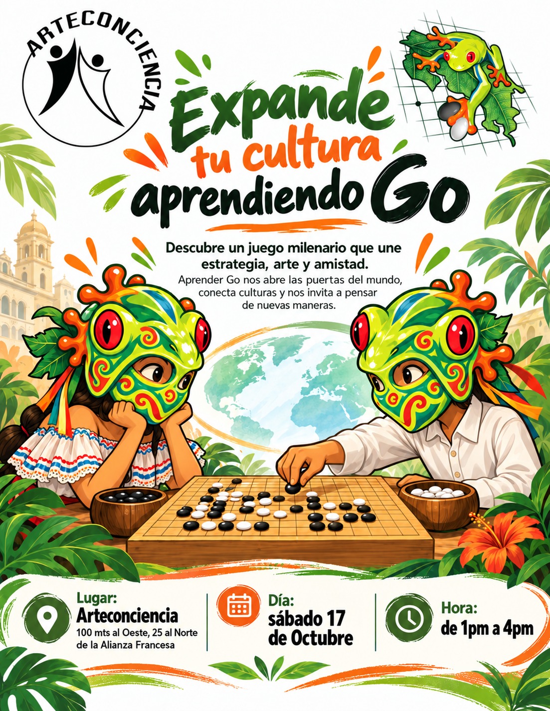 Afiche: Expandé tu cultura aprendiendo Go, sábado 17 de octubre de 1pm a 4pm en Arteconciencia